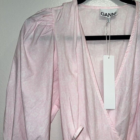 Ganni Puff Sleeve Organic Cotton Wrap Dress in Cherry Blossom - Picture 9 of 10